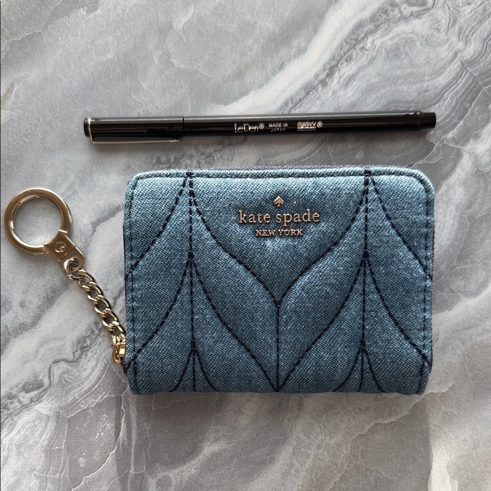 kate spade Denim Quilted Card Wallet with Gold Key Ring